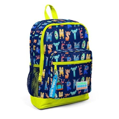 Coral High Kids Lacivert Neon Sarı Monster Desenli Dört Bölmeli Okul Sırt Çantası 23726