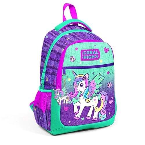 Coral High Kids Mor Su Yeşili Unicorn Desenli Üç Bölmeli Okul Sırt Çantası 23487