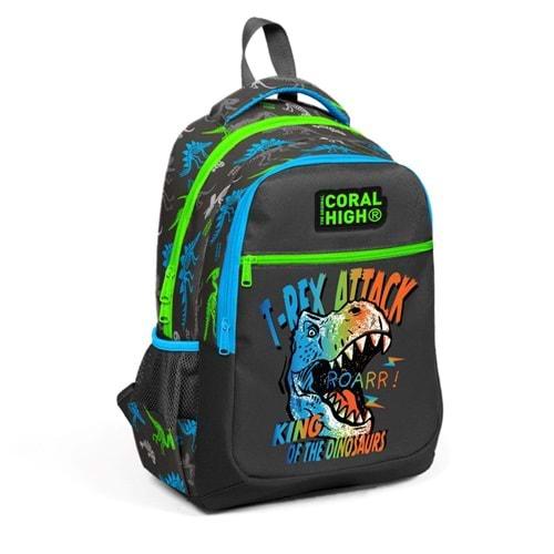 Coral High Kids Gri Dinozor Desenli Üç Bölmeli Okul Sırt Çantası 23482