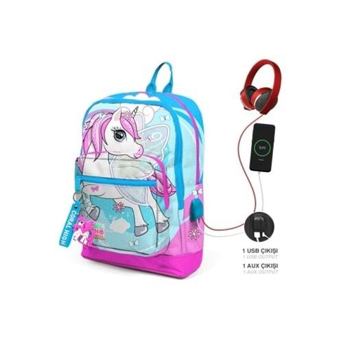Coral High Mavi Unicorn Desenli Dört Bölmeli Okul Sırt Çantası Usb Soketli 23811