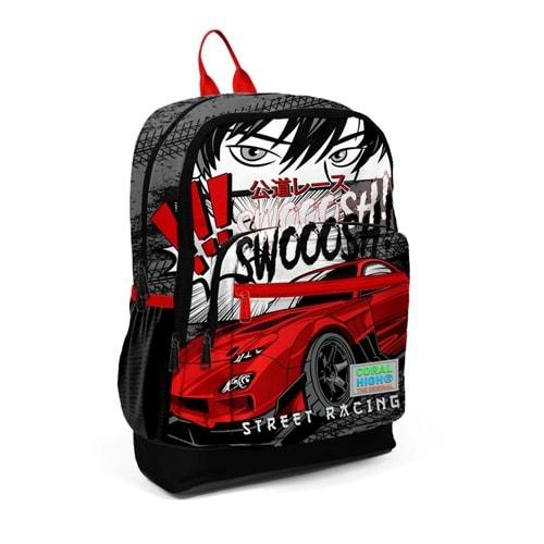 Coral High Siyah Kırmızı Anime Araba Desenli Dört Bölmeli Okul Sırt Çantası 23747