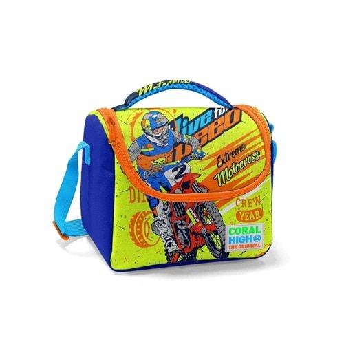 Coral High Kids Fosforlu Sarı Saks Motorsiklet Desenli Beslenme Çantası