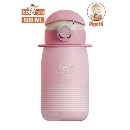 Vagonlife Cocosmile 500Ml Yeni Koleksiyon Çizgi Desenli Pipetli Askılı Çelik Termos Çocuk Matarası Pembe Sm-Cs-0003