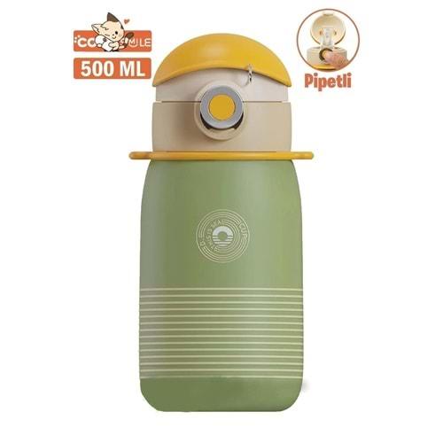 Vagonlife Cocosmile 500Ml Yeni Koleksiyon Çizgi Desenli Pipetli Askılı Çelik Termos Çocuk Matarası Yeşil Sm-Cs-0003